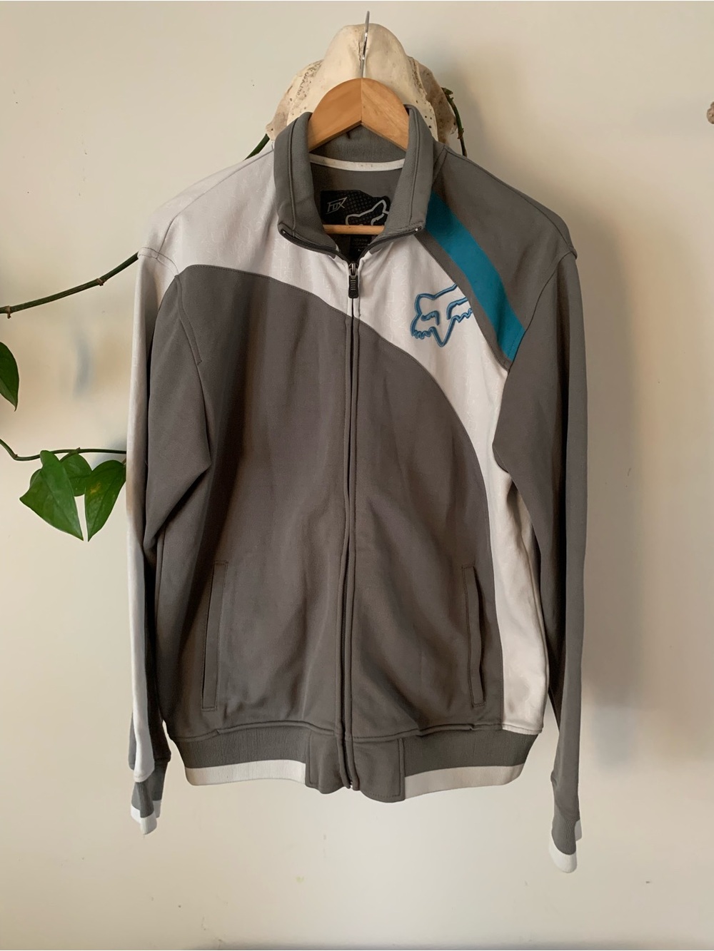 Fox Men's Gray, White & Teal Zip-Up Sweater Jacket